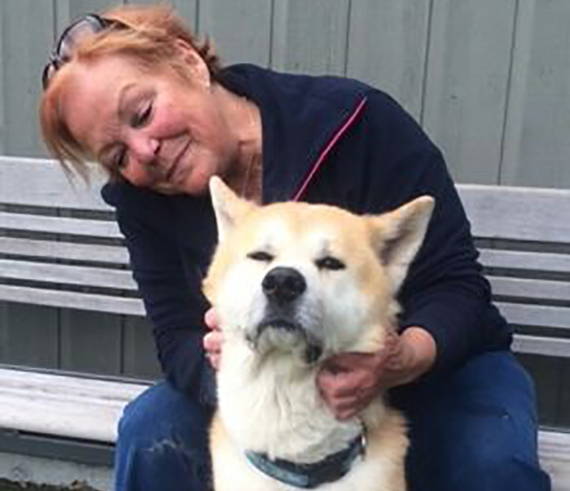 Woman sitting on a bench looking down and petting a dog