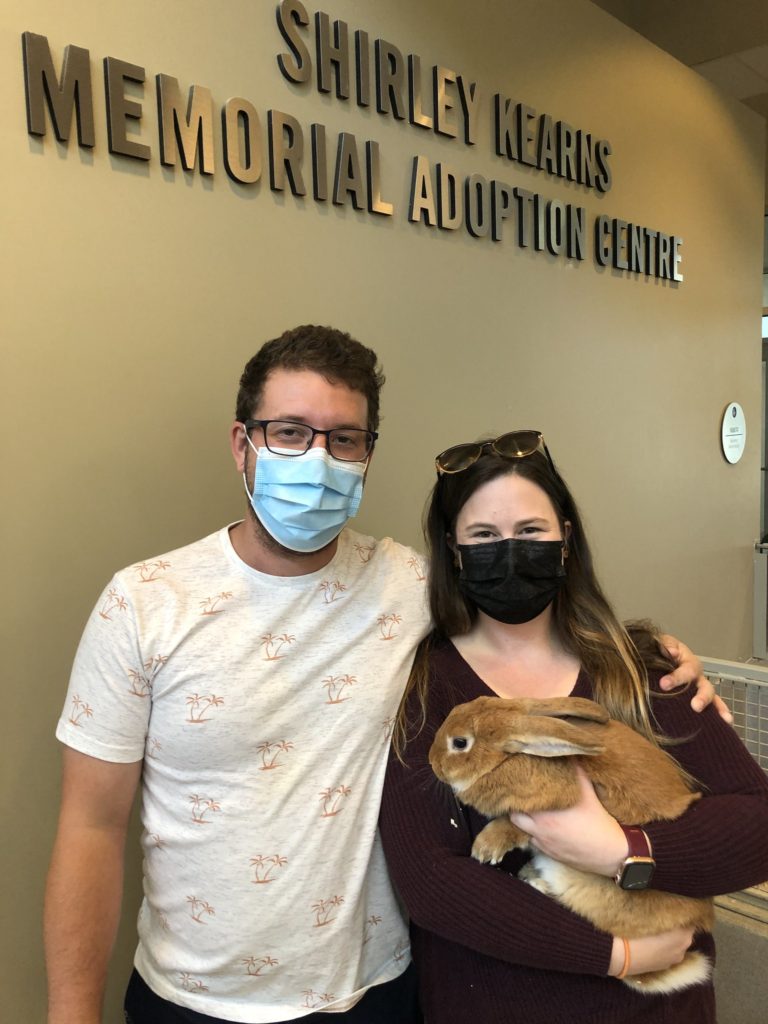 two people wearing masks holding a light brown rabbit