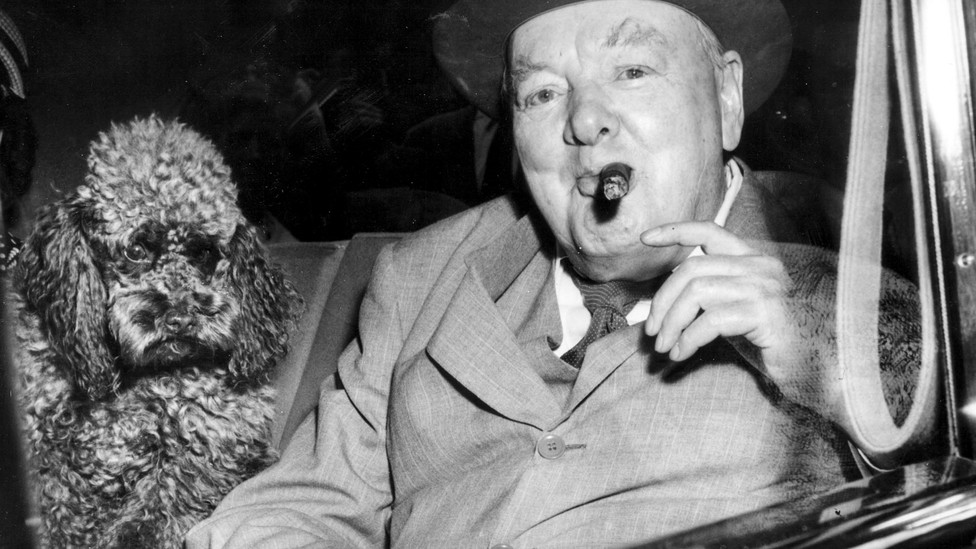 Sir Winston Churchill departs 10 Downing Street with his poodle. 