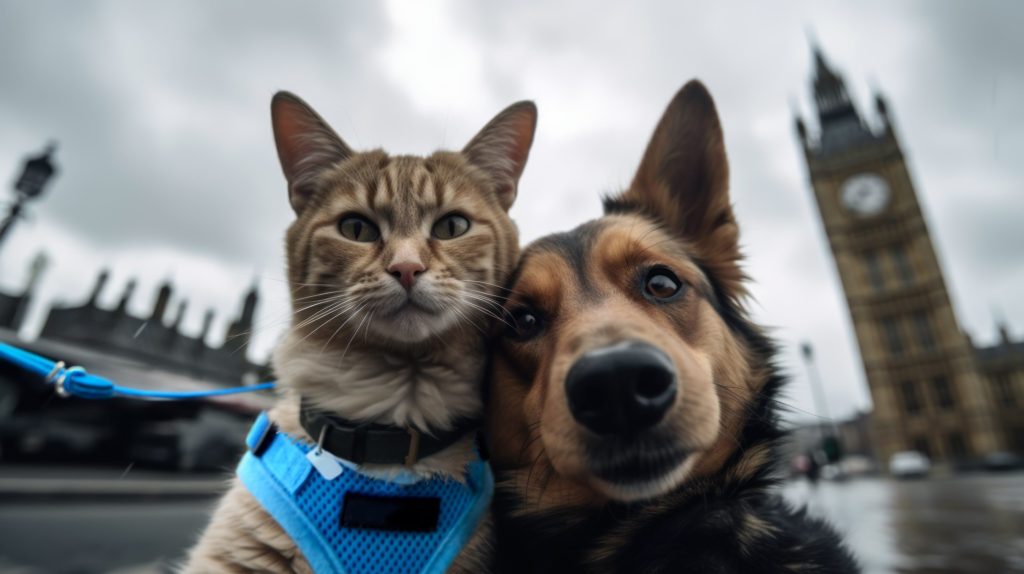 Cat and dog in front of Big Ben